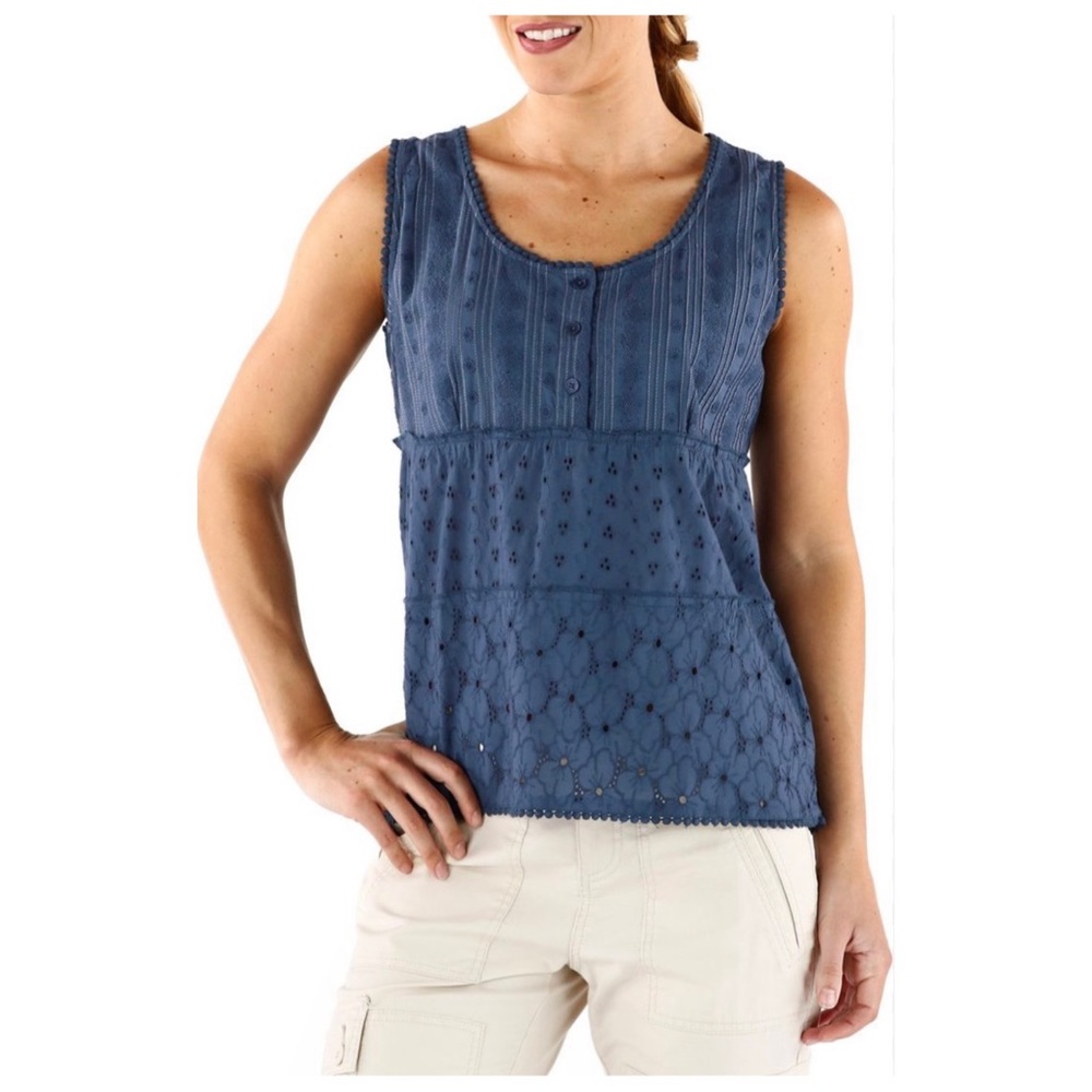 Prana Women’s Sz M Blue Eyelet Lace Button Front Sleeveless Top Tank